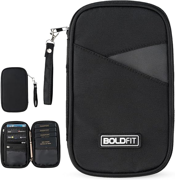 Boldfit Unisex-Adults Passport Cover - Black Faux Leather RFID Protected - Compact Envelope Style with 3 Pockets & 4 Sections - Ideal for Men & Women Travelers