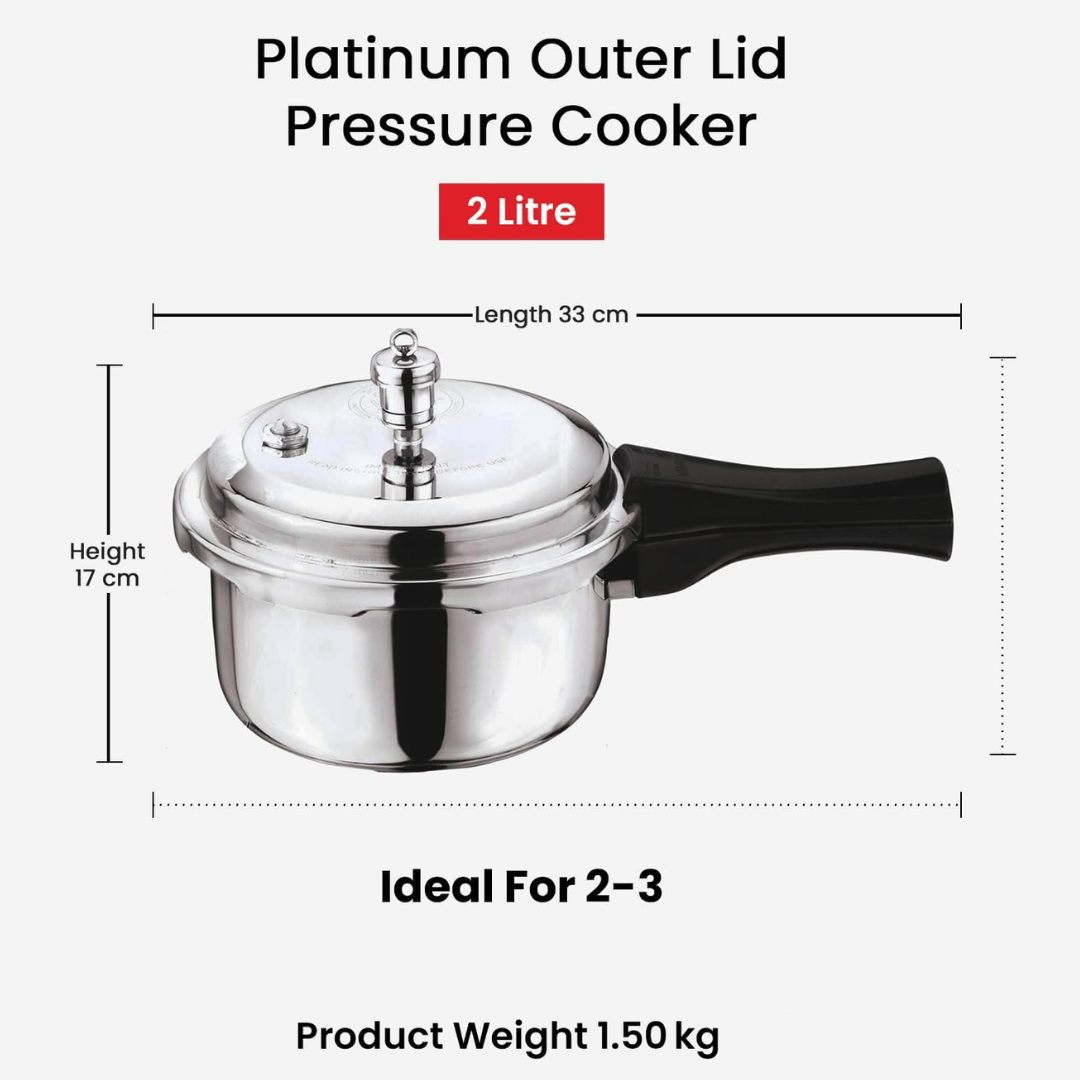 Vinod Platinum Triply Stainless Steel Outer Lid Pressure Cooker -68 oz | Induction Friendly | ISI Certified, Small Pressure Cooker for Quick Meals | Silver