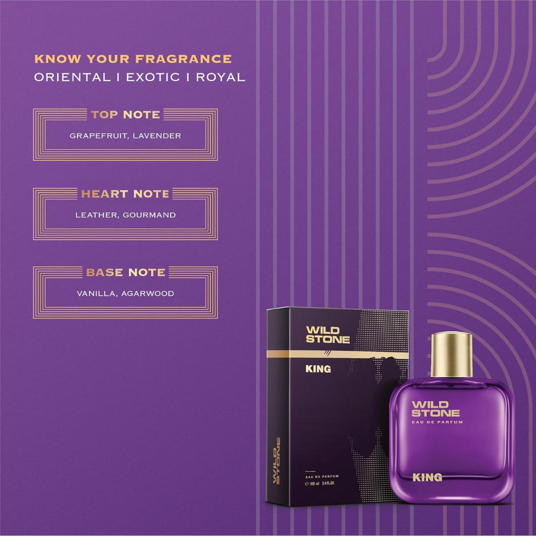 Wild Stone King Perfume for Men, 3.38oz, Notes of Grapefruit, Lemon, and Lavender | LongLasting Fragrance | Best Gift for Him | Perfume for Men | Active Lifestyle | Gift for Men