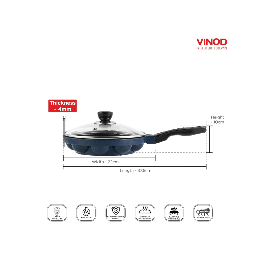 Vinod Zest Aluminium Non Stick Paniyarakal With Glass Lid - 12 Cavities, 8 inches | 3Mm Thick | 3 Layer Coating | Metal Spoon Friendly |Toxin Free | 1 Year Warranty - Black