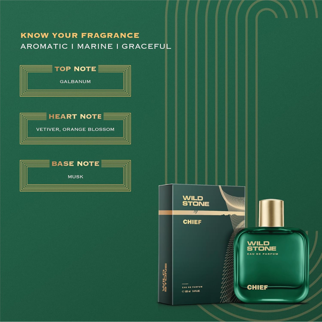 Wild Stone Chief Perfume for Men, 3.38oz | Notes of Rose, Cardamom, and Juniper | Long Lasting Fragrance | Best Gift for Him | Perfume for Men |Active Lifestyle | Gift for Men