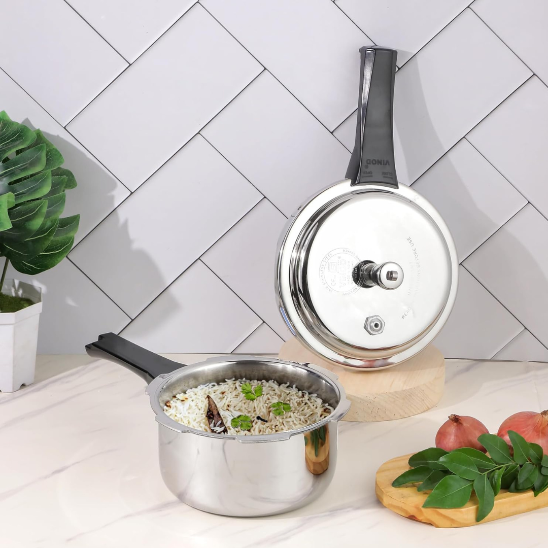 Vinod Platinum Triply Stainless Steel Outer Lid Pressure Cooker -68 oz | Induction Friendly | ISI Certified, Small Pressure Cooker for Quick Meals | Silver