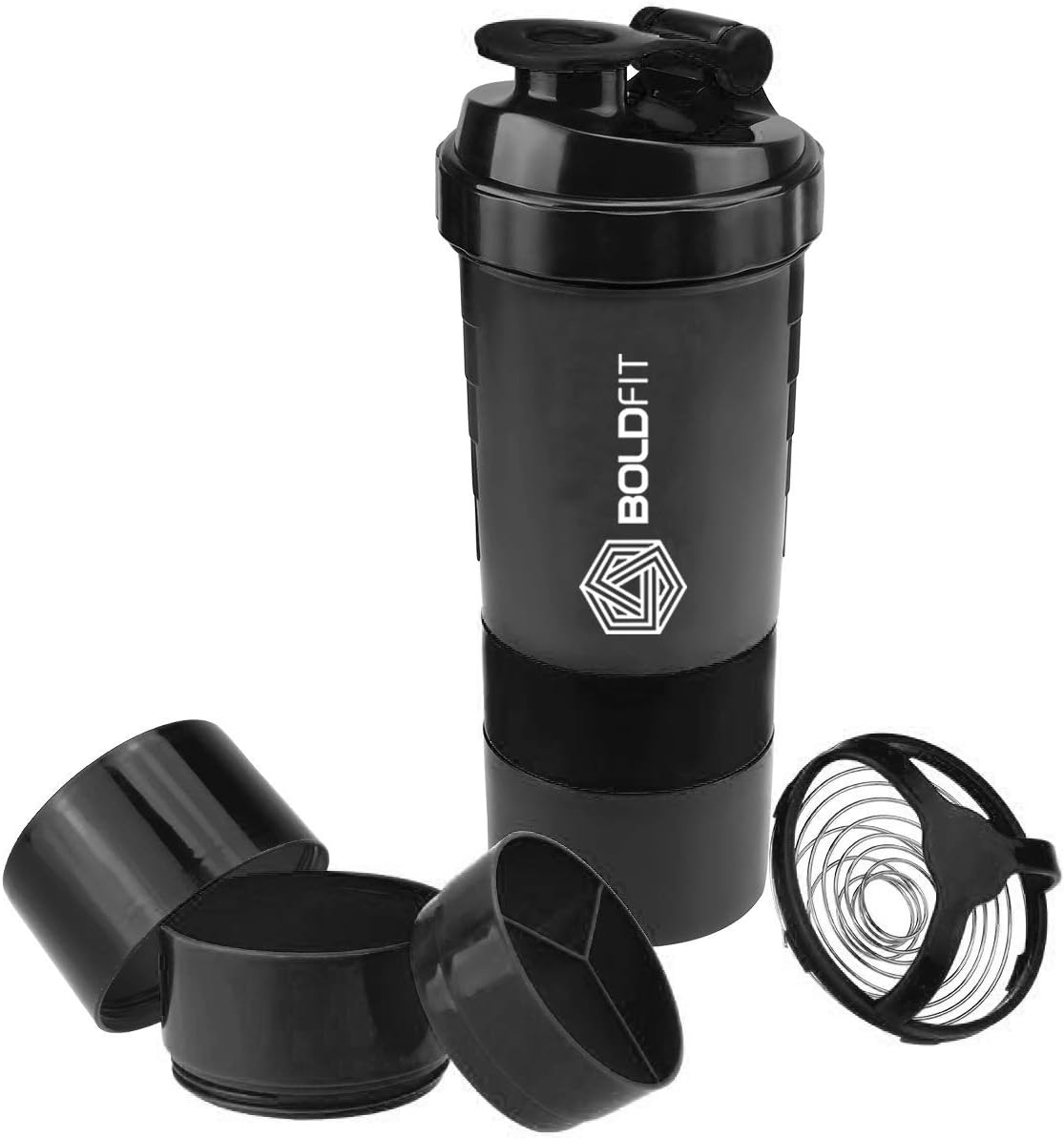 Boldfit Spider Gym Shaker Bottle, Shakers for Protein Shake with 2 Storage Compartment Gym protein shaker for workout (High Density Polyethylene, Pack of 1, Black)
