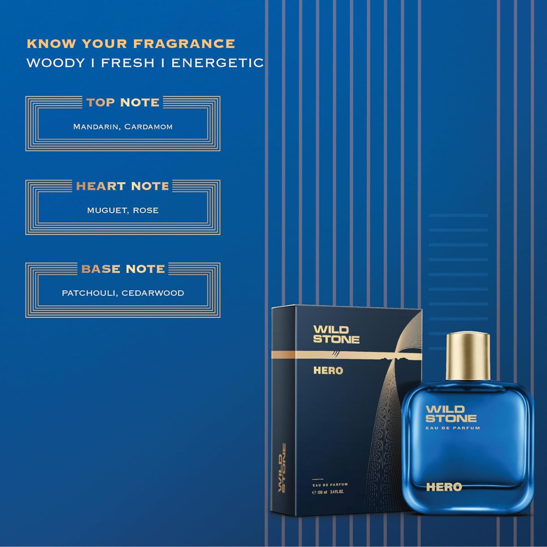 Wild Stone Hero EDP Perfume for Men, 3.38oz |Notes of Vetiver and Orange Blossom | Long lasting | Refreshing Fragrance | Active Lifestyle | Gift for Men