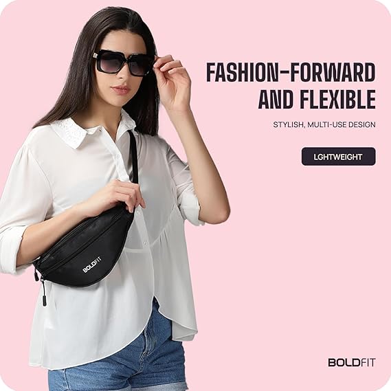 Boldfit Waist Bag for Men Travel Bag for Men Chest Bag for Men Travel Fanny Pack for Men Waist Bag for Women Side Bag for Men Travel Accessories/Pouch/Hand Purse. Mobile Bag/Money Bag - Black