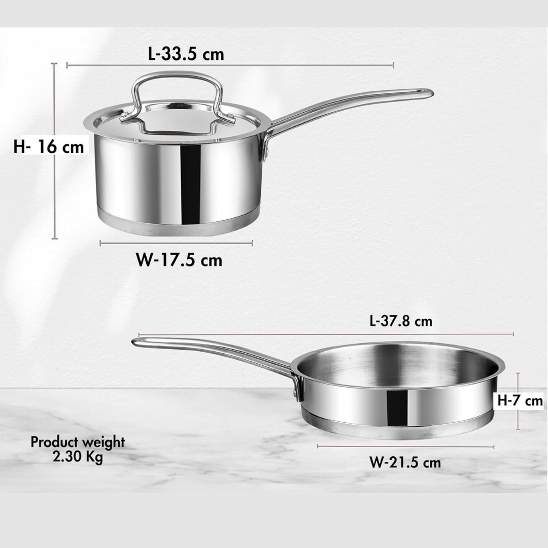 Vinod Classique Deluxe Stainless Steel Cookware Combo Set of 2 Pcs | Saucepan 71 oz |6 inches| Frypan 7.8 inches | Extra Deep, Riveted Handles | Induction Base | 2 Year Warranty