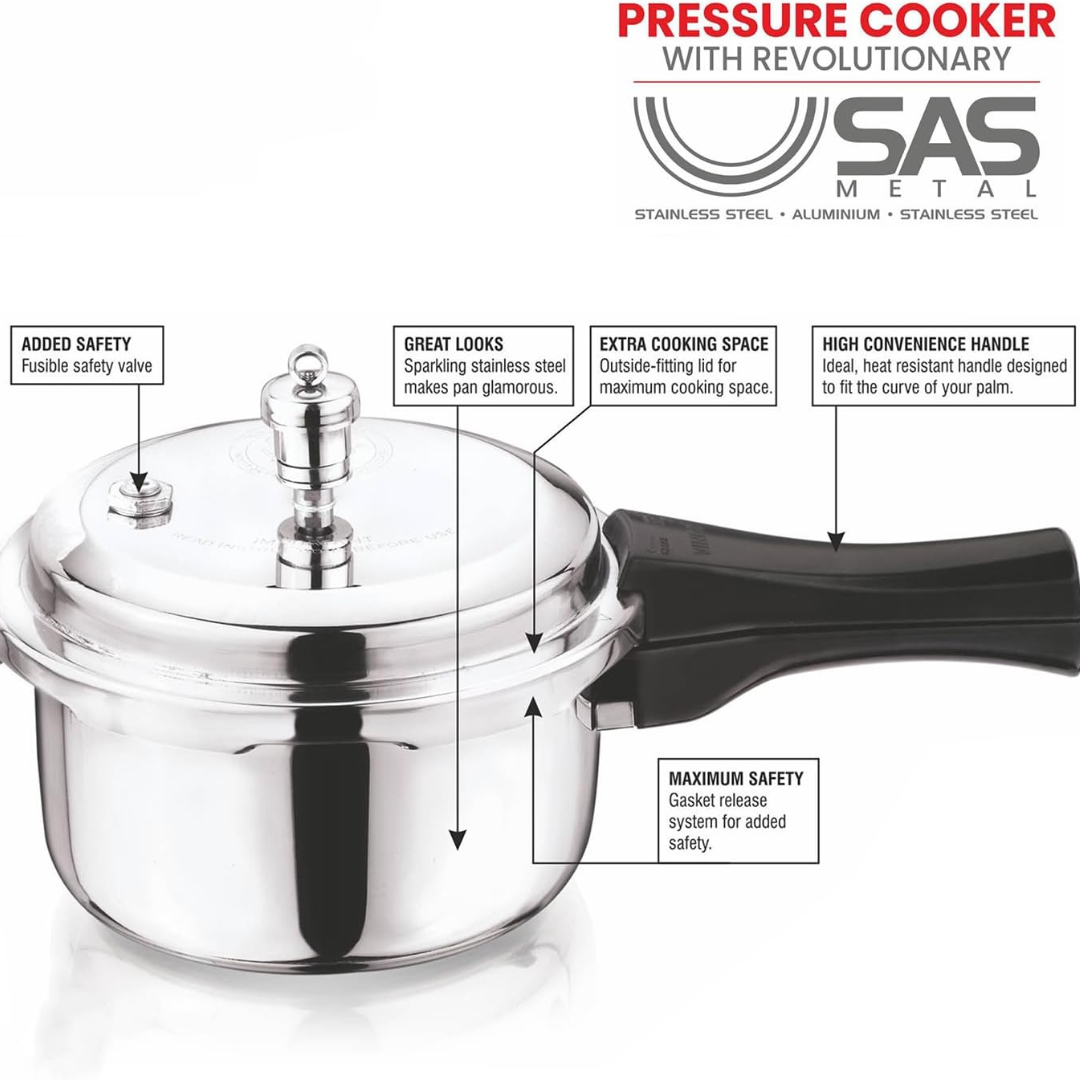 Vinod Platinum Triply Stainless Steel Outer Lid Pressure Cooker -68 oz | Induction Friendly | ISI Certified, Small Pressure Cooker for Quick Meals | Silver