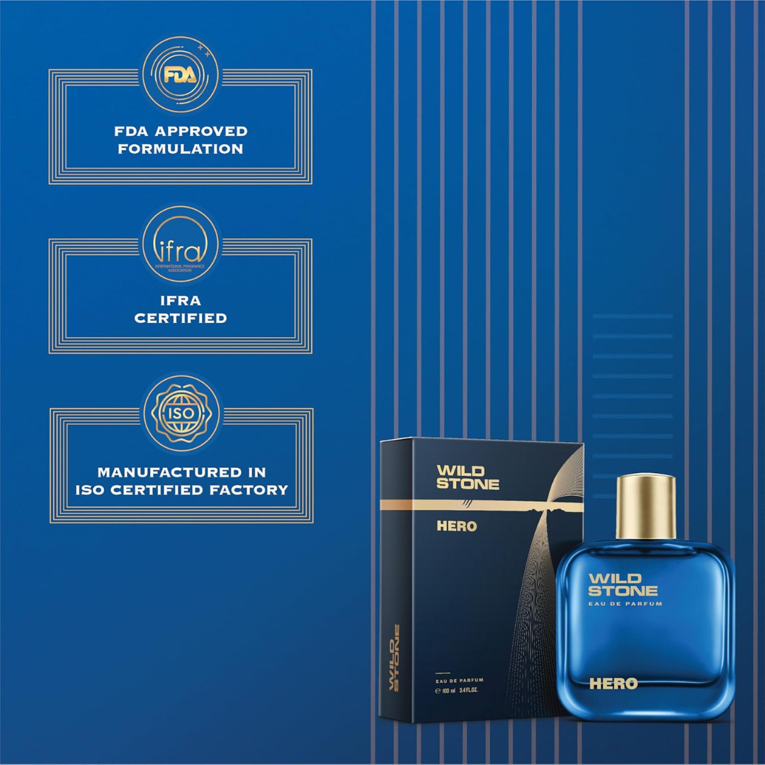 Wild Stone Hero EDP Perfume for Men, 3.38oz |Notes of Vetiver and Orange Blossom | Long lasting | Refreshing Fragrance | Active Lifestyle | Gift for Men