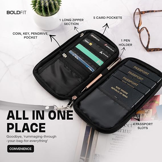 Boldfit Unisex-Adults Passport Cover - Black Faux Leather RFID Protected - Compact Envelope Style with 3 Pockets & 4 Sections - Ideal for Men & Women Travelers