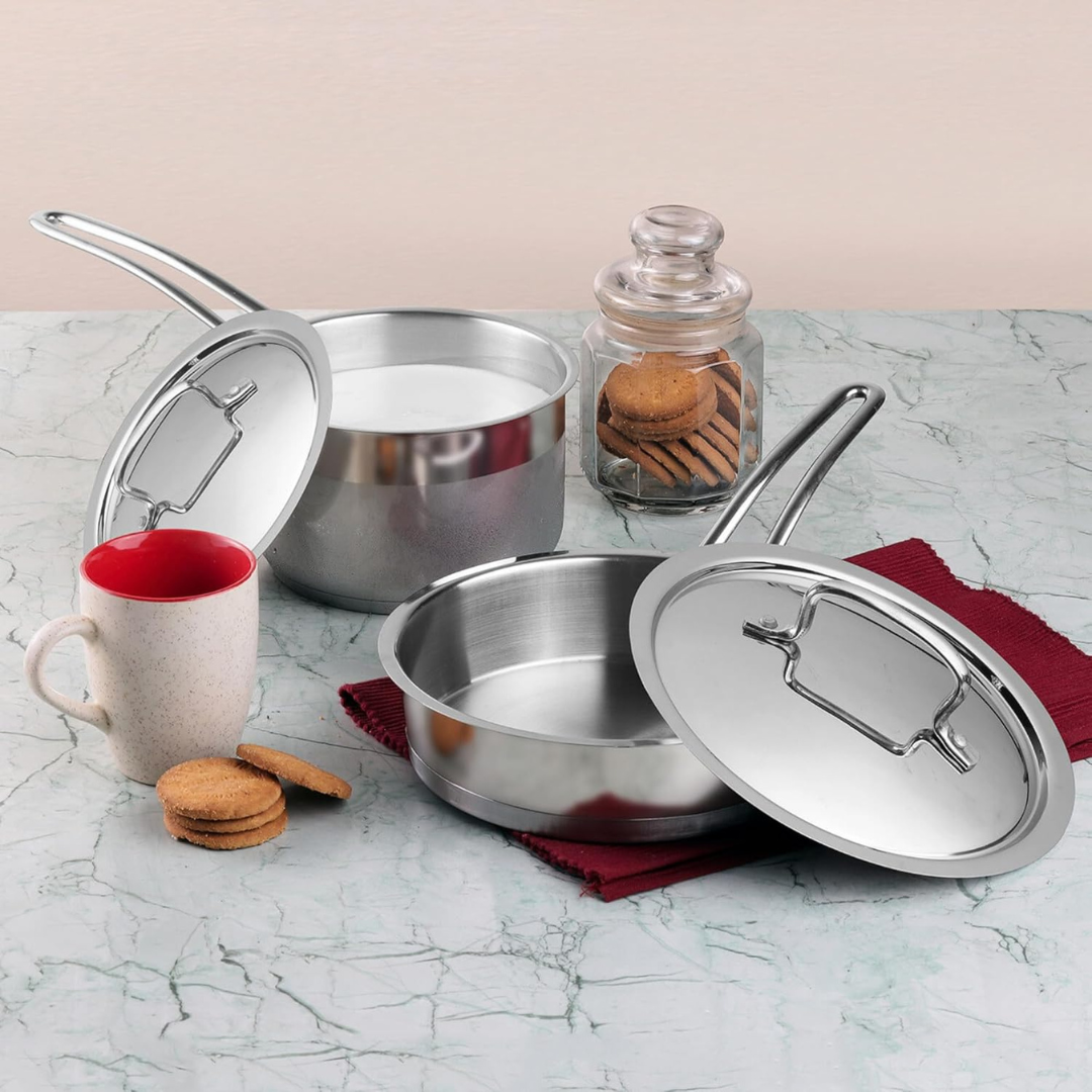 Vinod Classique Deluxe Stainless Steel Cookware Combo Set of 2 Pcs | Saucepan 71 oz |6 inches| Frypan 7.8 inches | Extra Deep, Riveted Handles | Induction Base | 2 Year Warranty