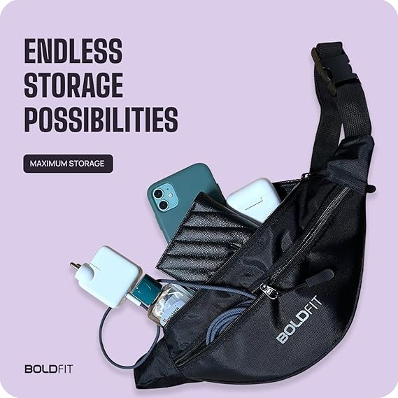 Boldfit Waist Bag for Men Travel Bag for Men Chest Bag for Men Travel Fanny Pack for Men Waist Bag for Women Side Bag for Men Travel Accessories/Pouch/Hand Purse. Mobile Bag/Money Bag - Black