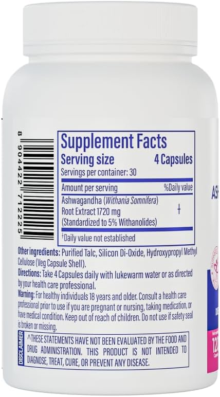 Patanjali Nutrela Ashwagandha 1720mg Capsules - Ayurvedic Stress Relief & Energy Support - Adaptogen for Mental Clarity & Relaxation - 120 Vegetarian Capsules