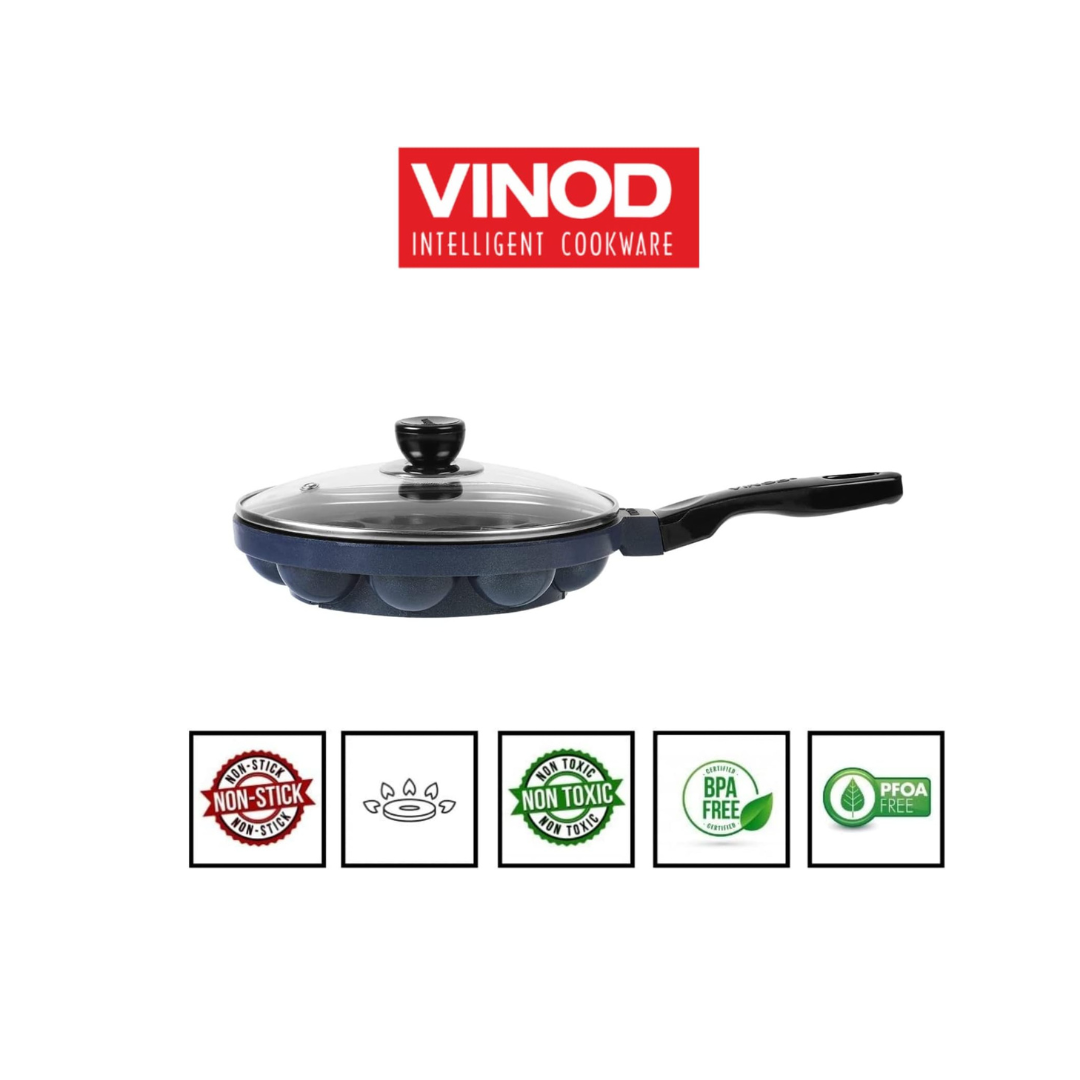 Vinod Zest Aluminium Non Stick Paniyarakal With Glass Lid - 12 Cavities, 8 inches | 3Mm Thick | 3 Layer Coating | Metal Spoon Friendly |Toxin Free | 1 Year Warranty - Black