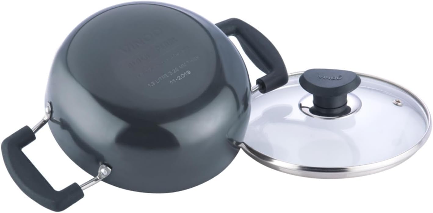 Vinod Black Pearl Hard Anodised Non Stick Deep Kadhai with Glass Lid -139 oz , 10.14 inches | 3.25mm Thickness | kadai for Cooking | Metal Spoon Friendly | 2 Year Warranty