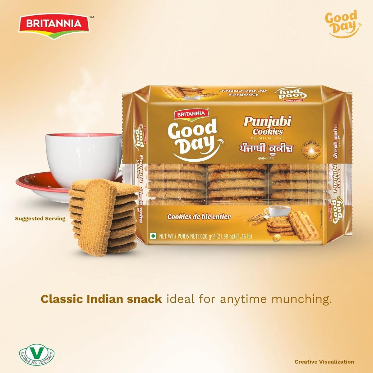 BRITANNIA Punjabi Cookies 21.90oz (620g) - Whole Wheat Cookies - Healthy, Delicious & Crispy - Breakfast & Tea Time Snacks (Pack of 1)