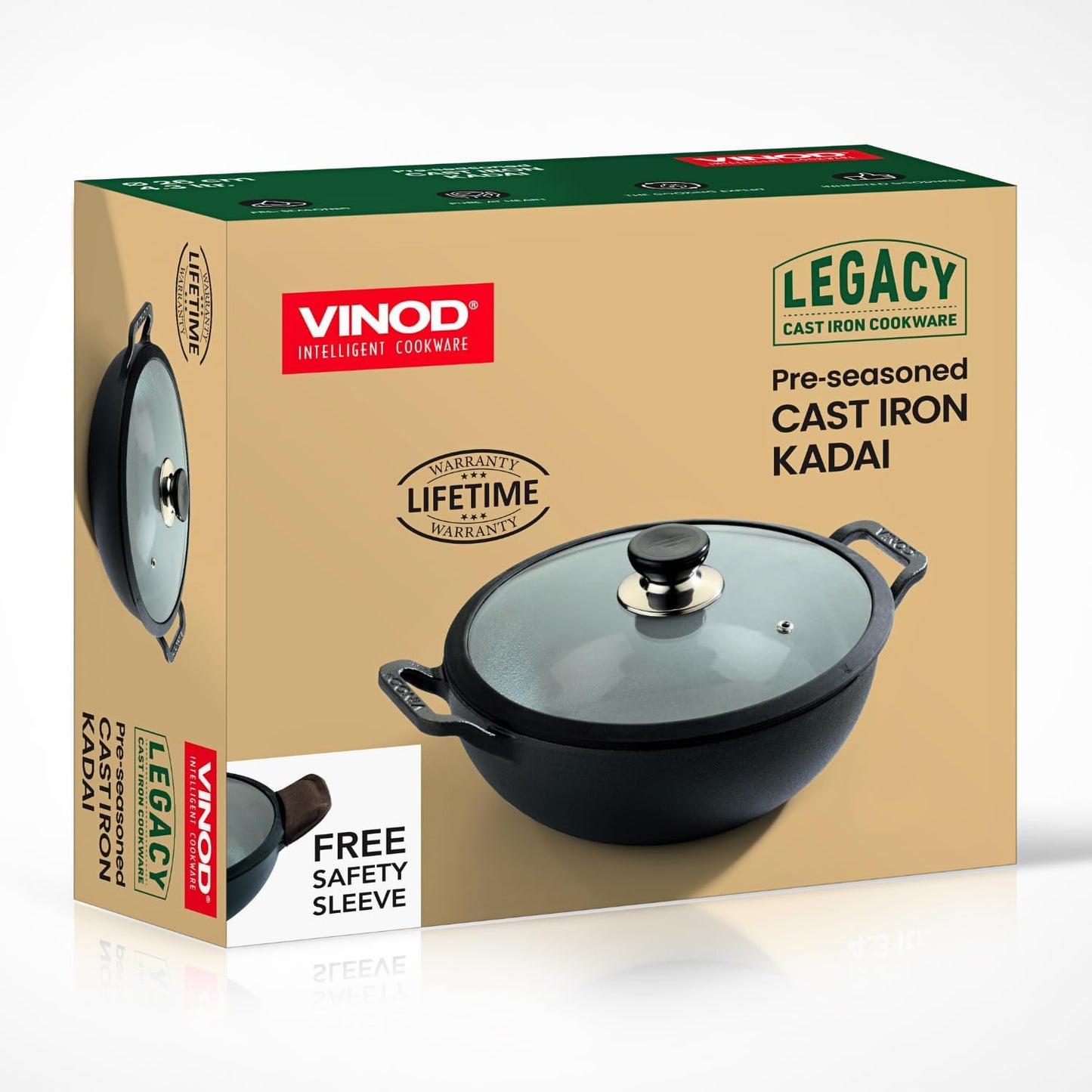 Vinod Legacy Pre Seasoned Cast Iron Kadai with Glass Lid - 81 oz , 8 inches | Naturally Non Stick Kadhai for Cooking | 100% Pure | Toxin Free | Safety Sleeve | Rust Proof