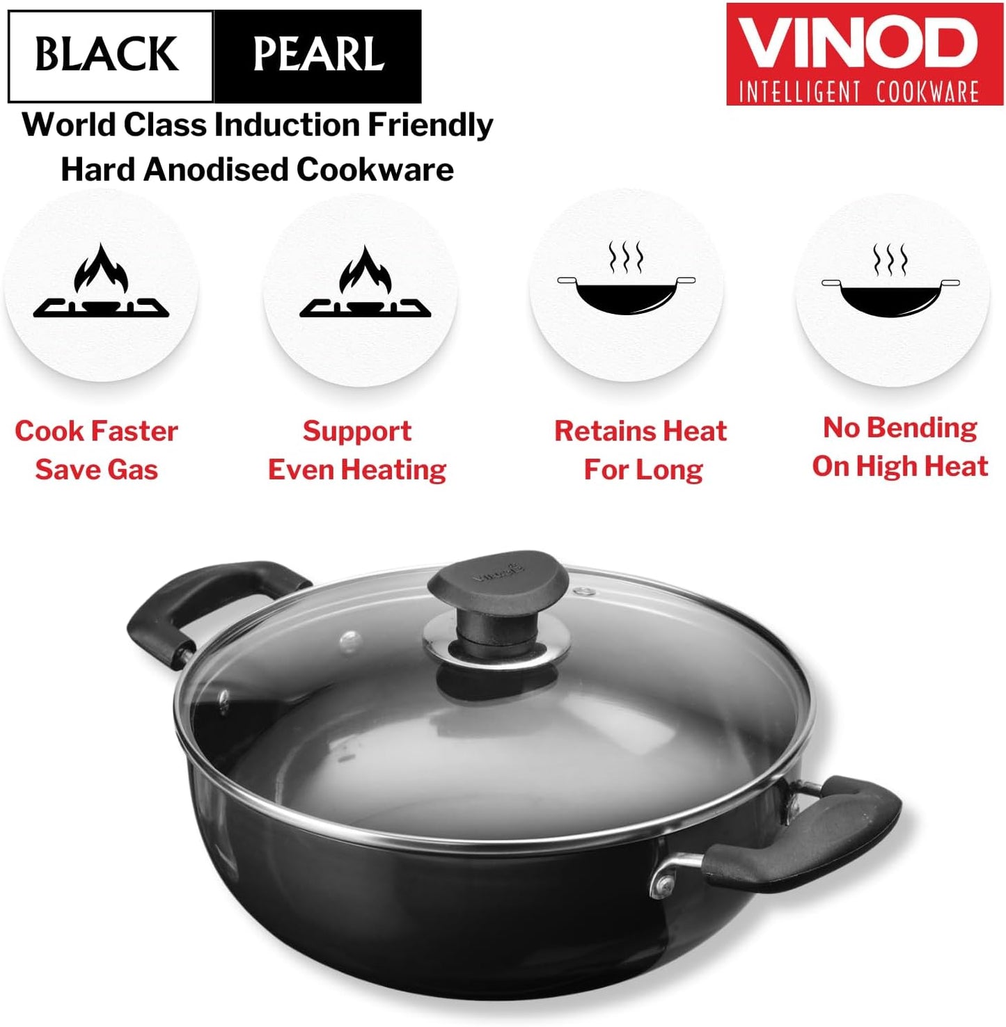 Vinod Black Pearl Hard Anodised Non Stick Deep Kadhai with Glass Lid -139 oz , 10.14 inches | 3.25mm Thickness | kadai for Cooking | Metal Spoon Friendly | 2 Year Warranty