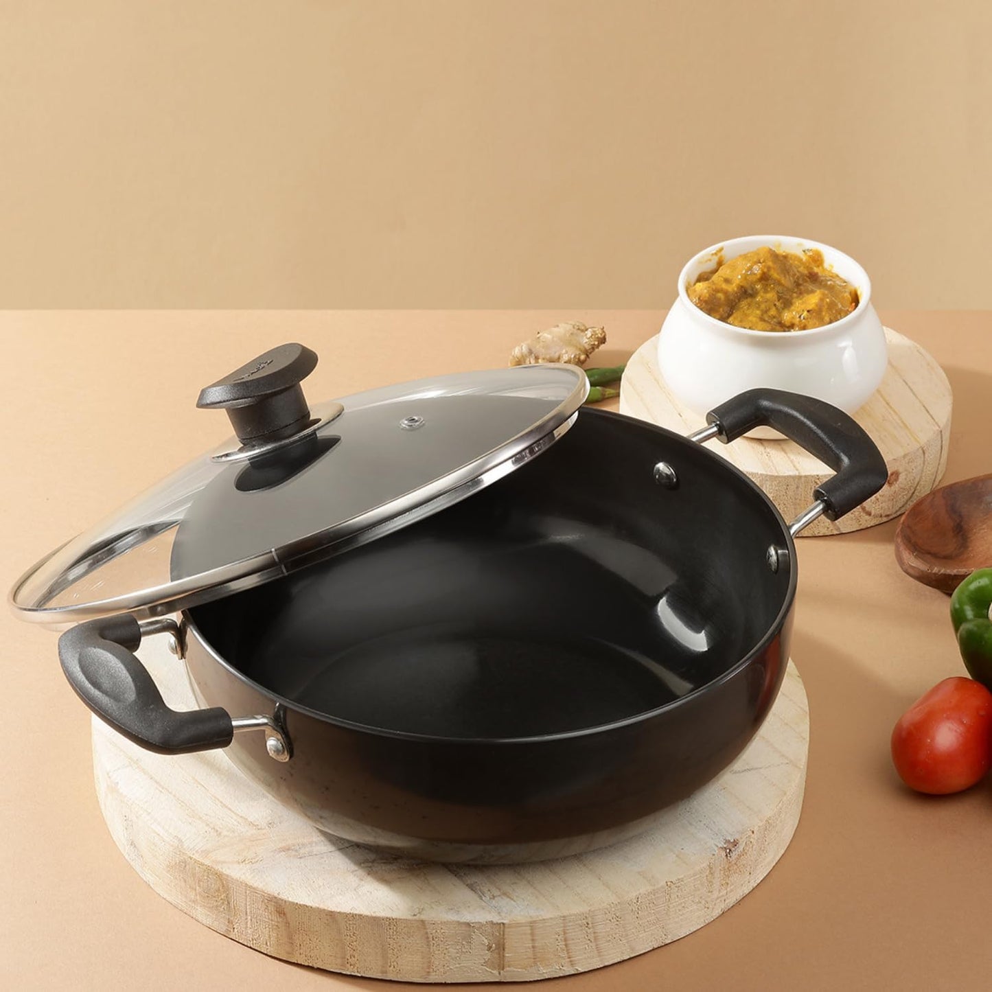 Vinod Black Pearl Hard Anodised Non Stick Deep Kadhai with Glass Lid -139 oz , 10.14 inches | 3.25mm Thickness | kadai for Cooking | Metal Spoon Friendly | 2 Year Warranty