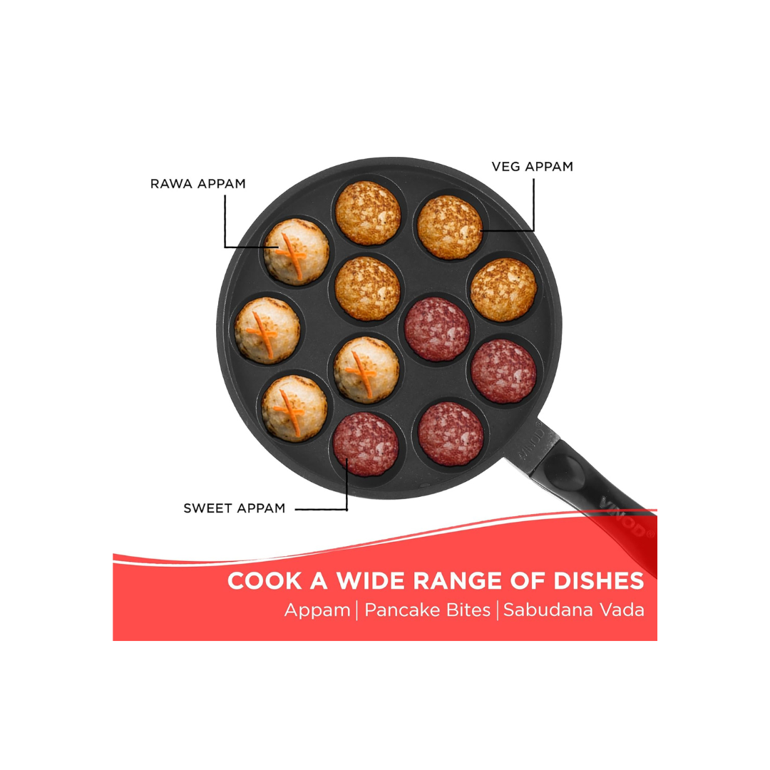 Vinod Zest Aluminium Non Stick Paniyarakal With Glass Lid - 12 Cavities, 8 inches | 3Mm Thick | 3 Layer Coating | Metal Spoon Friendly |Toxin Free | 1 Year Warranty - Black