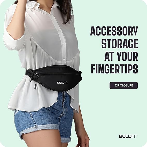 Boldfit Waist Bag for Men Travel Bag for Men Chest Bag for Men Travel Fanny Pack for Men Waist Bag for Women Side Bag for Men Travel Accessories/Pouch/Hand Purse. Mobile Bag/Money Bag - Black