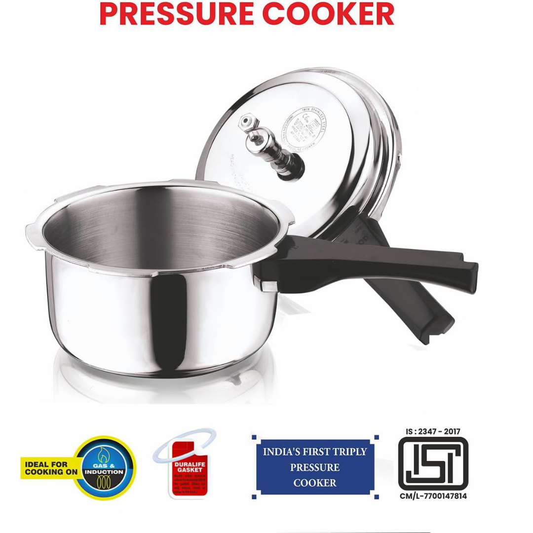 Vinod Platinum Triply Stainless Steel Outer Lid Pressure Cooker -68 oz | Induction Friendly | ISI Certified, Small Pressure Cooker for Quick Meals | Silver
