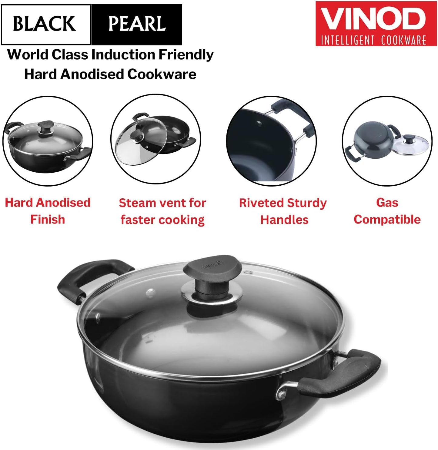 Vinod Black Pearl Hard Anodised Non Stick Deep Kadhai with Glass Lid -139 oz , 10.14 inches | 3.25mm Thickness | kadai for Cooking | Metal Spoon Friendly | 2 Year Warranty