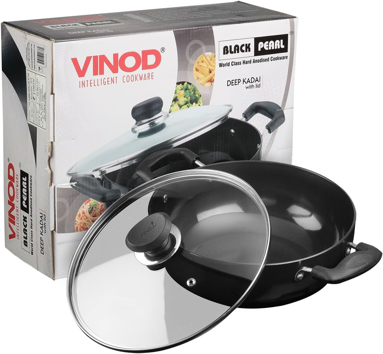 Vinod Black Pearl Hard Anodised Non Stick Deep Kadhai with Glass Lid -139 oz , 10.14 inches | 3.25mm Thickness | kadai for Cooking | Metal Spoon Friendly | 2 Year Warranty