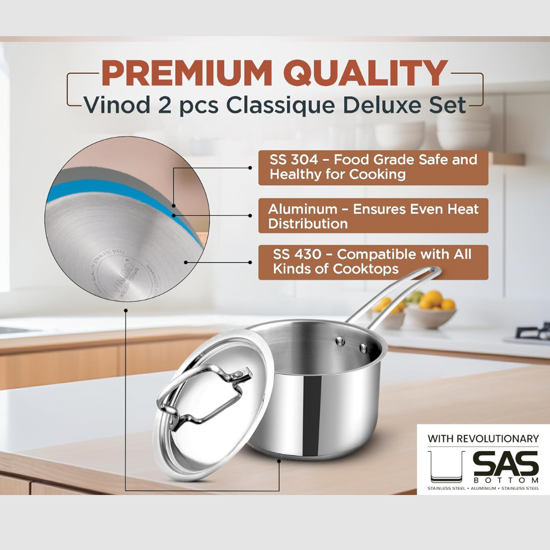 Vinod Classique Deluxe Stainless Steel Cookware Combo Set of 2 Pcs | Saucepan 71 oz |6 inches| Frypan 7.8 inches | Extra Deep, Riveted Handles | Induction Base | 2 Year Warranty
