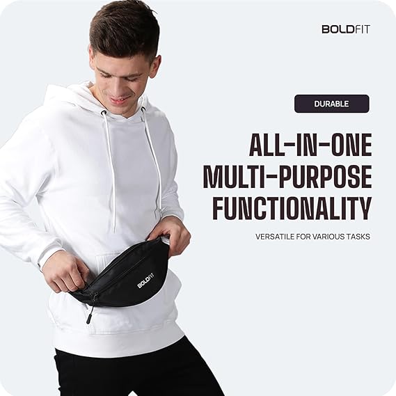 Boldfit Waist Bag for Men Travel Bag for Men Chest Bag for Men Travel Fanny Pack for Men Waist Bag for Women Side Bag for Men Travel Accessories/Pouch/Hand Purse. Mobile Bag/Money Bag - Black
