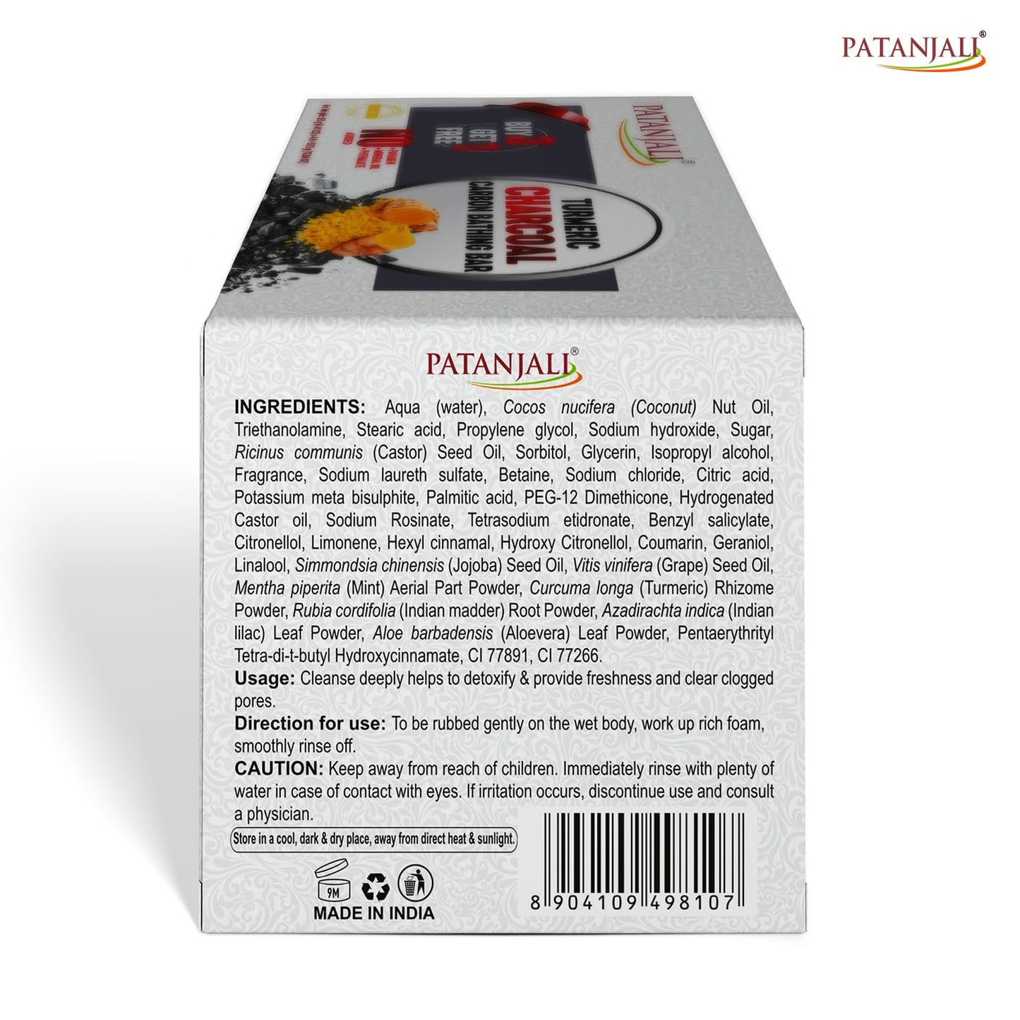 patanjali Turmeric Charcoal Bath Bar Soap 125g | Natural Body Cleansing Bar for Men & Women | Pack of 4