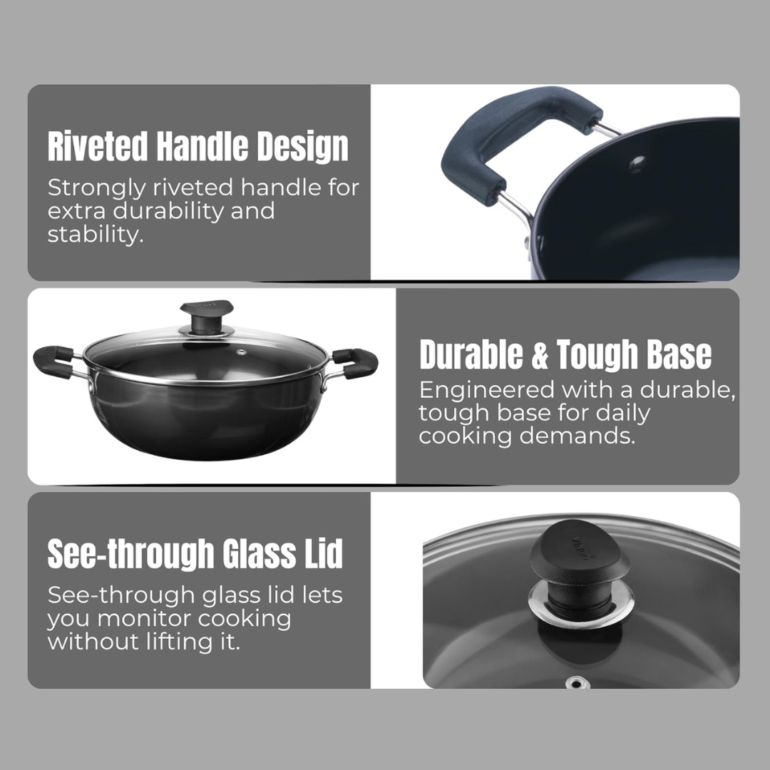 Vinod Black Pearl Hard Anodised Non Stick Deep Kadhai with Glass Lid -139 oz , 10.14 inches | 3.25mm Thickness | kadai for Cooking | Metal Spoon Friendly | 2 Year Warranty