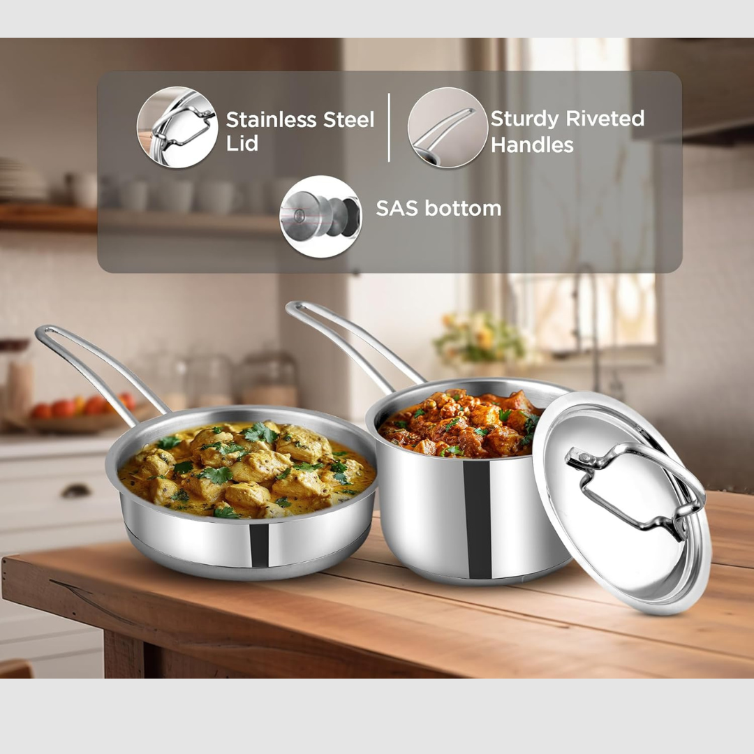 Vinod Classique Deluxe Stainless Steel Cookware Combo Set of 2 Pcs | Saucepan 71 oz |6 inches| Frypan 7.8 inches | Extra Deep, Riveted Handles | Induction Base | 2 Year Warranty