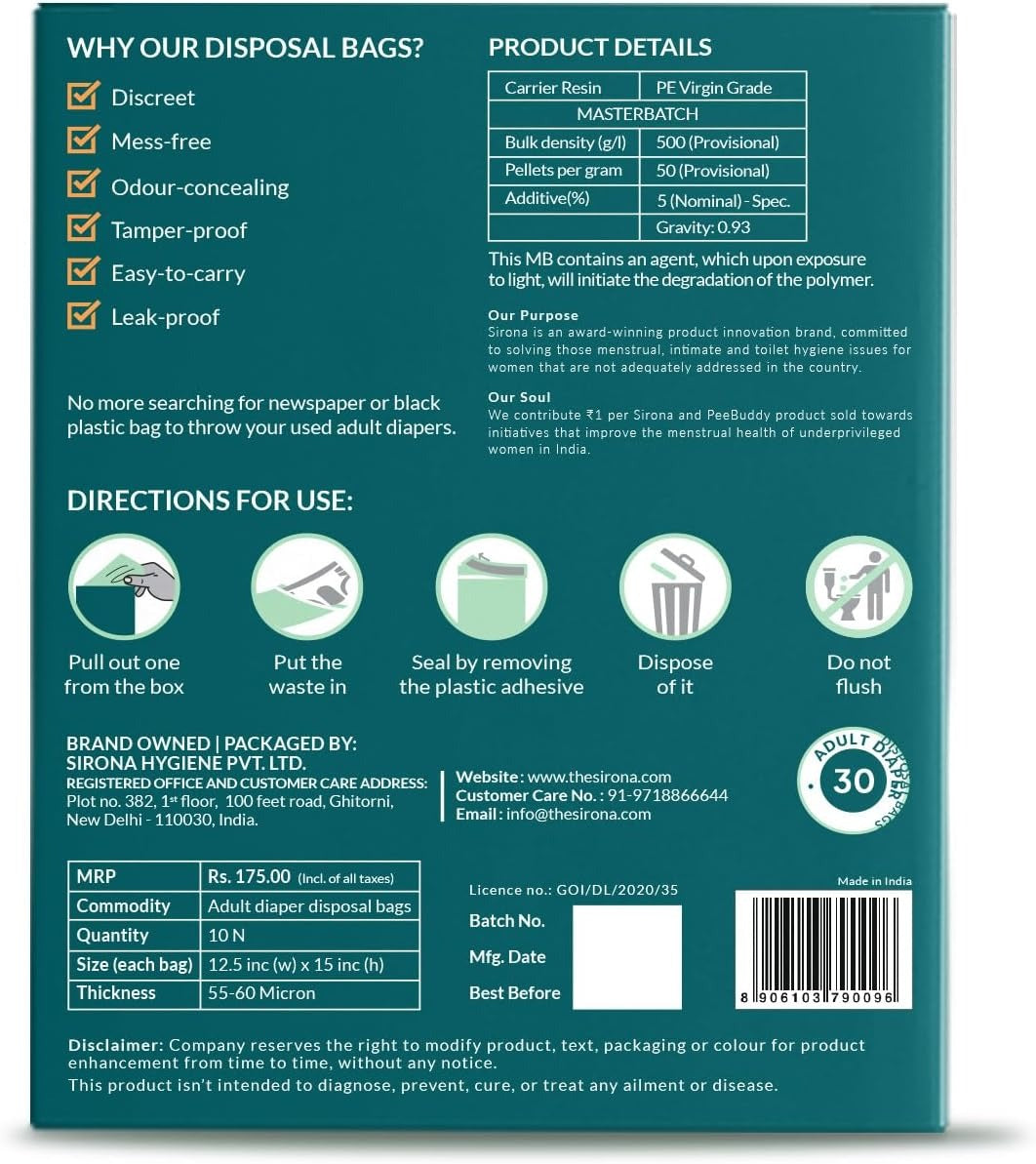 Sirona Premium Adult Diaper Disposable Bags - 30 Bags | Odor Sealing for Diapers, Food Waste, Pet Waste, Sanitary Product Disposal | Durable and Unsce