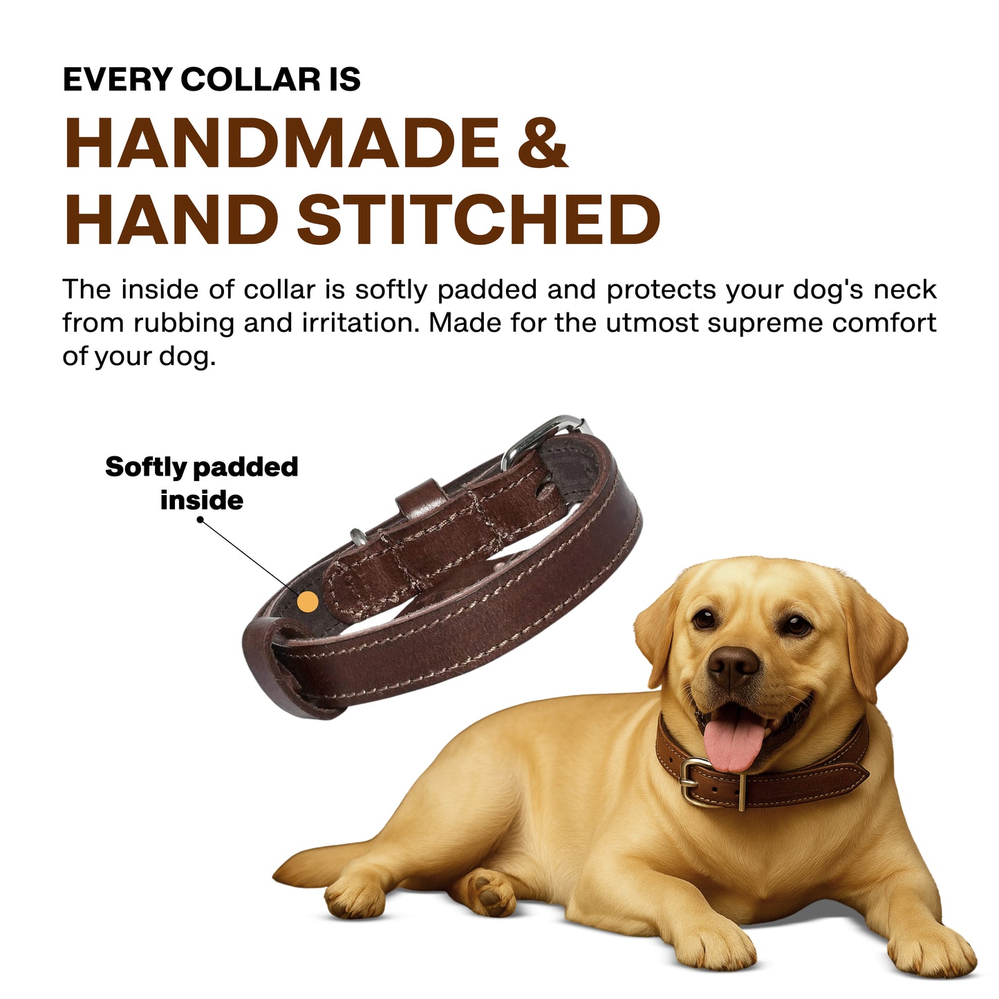 Dog wearing a brown leather collar with text highlighting handmade and hand-stitched quality.