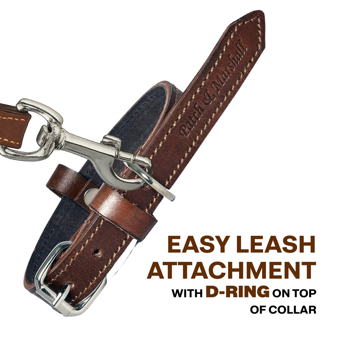 Brown leather dog collar with metal D-ring and leash attachment on a white background