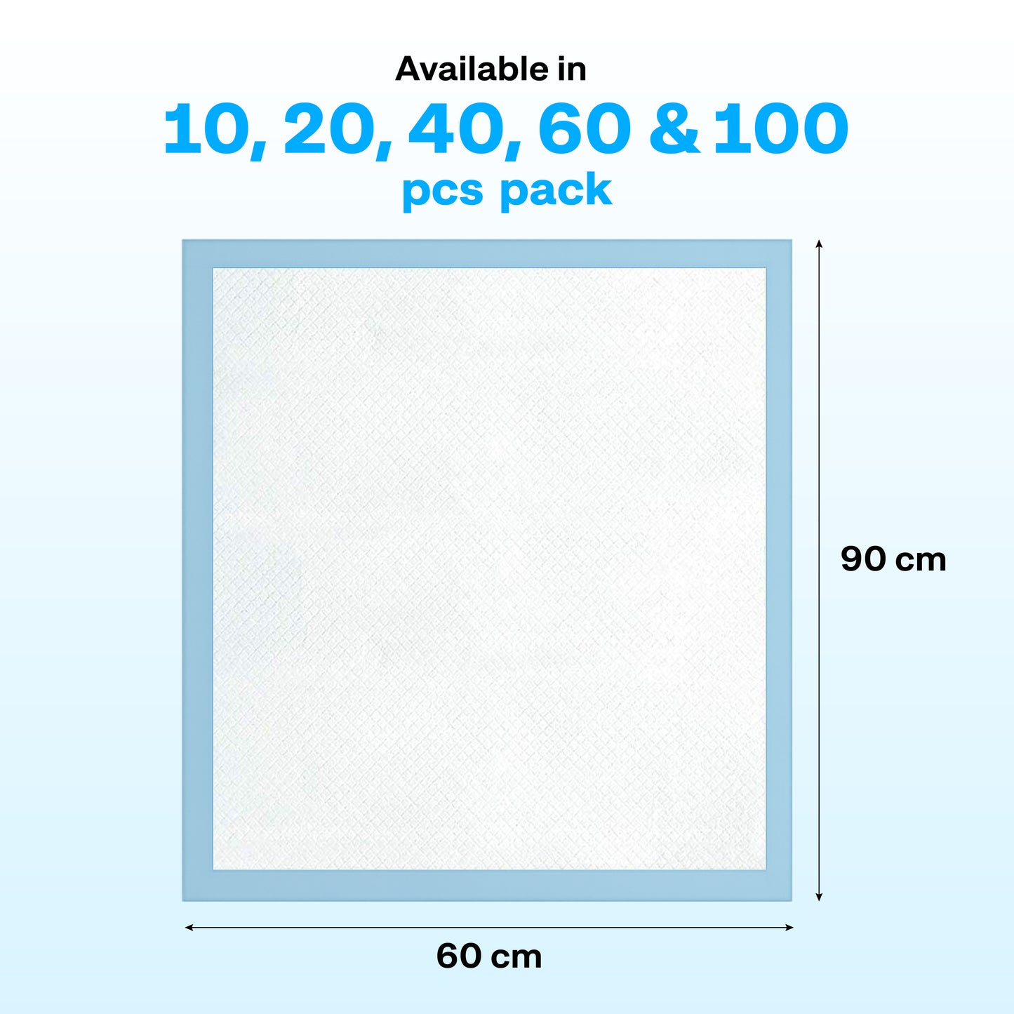 Measurement chart with a blue border and text indicating size options and dimensions.