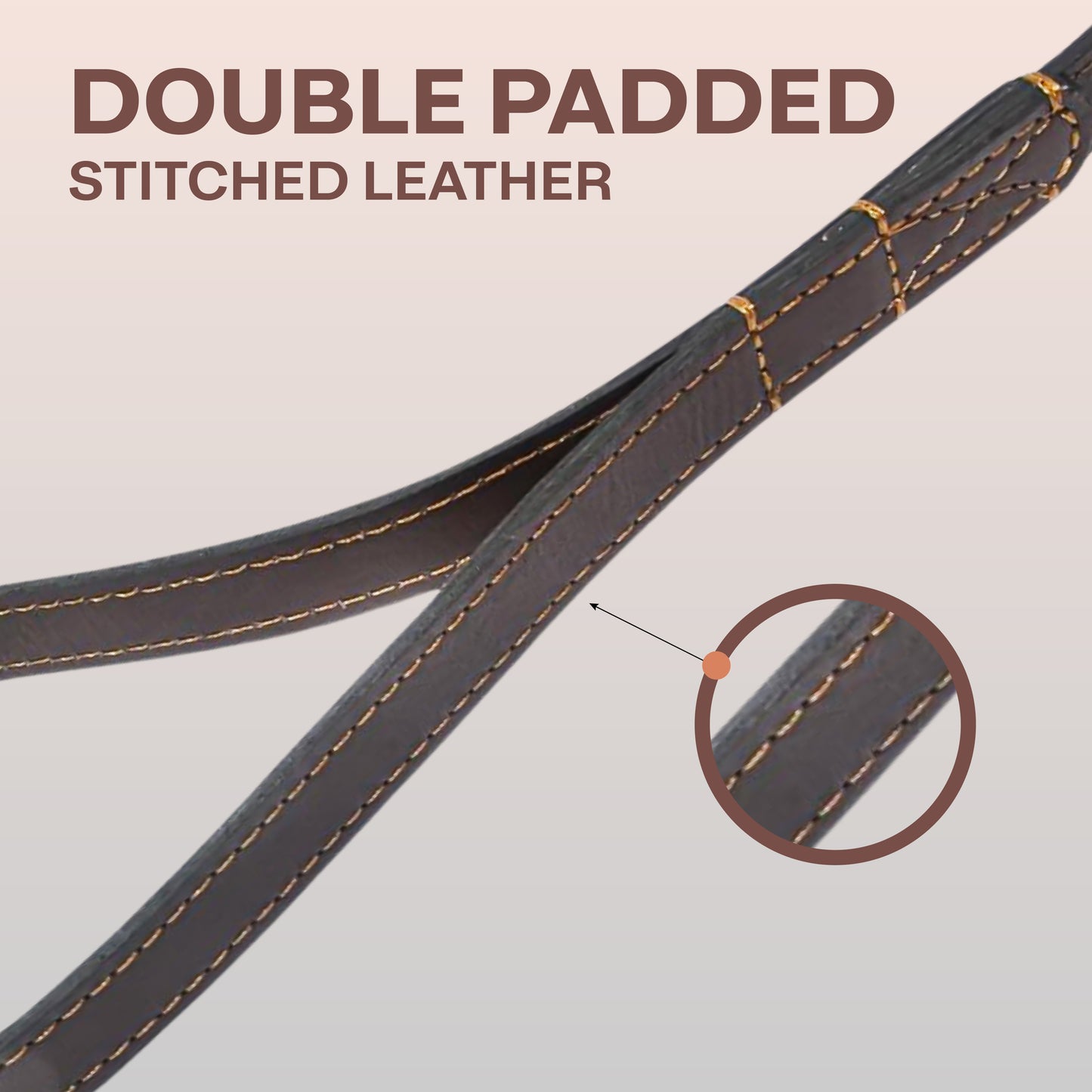 Double padded stitched leather strap with close-up detail on a beige background