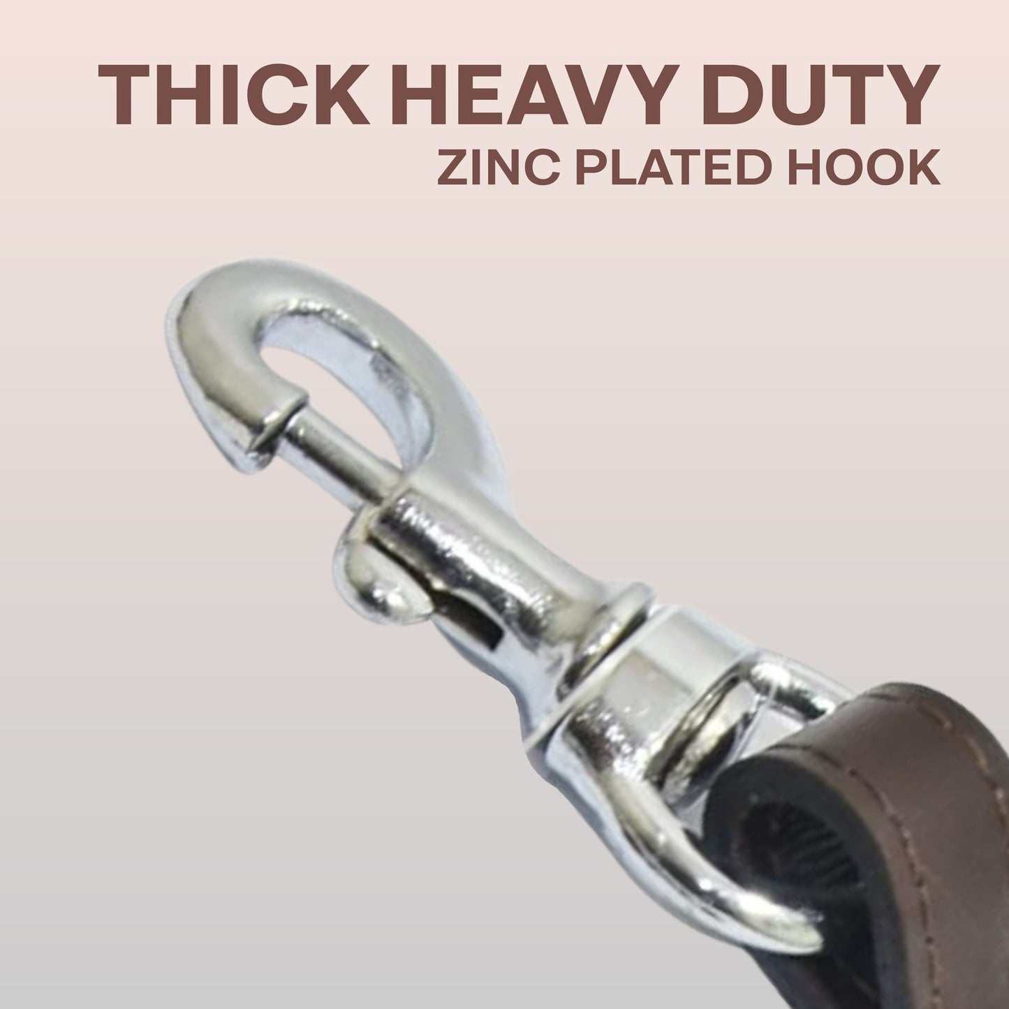 Thick heavy-duty zinc plated hook with leather end on a beige background