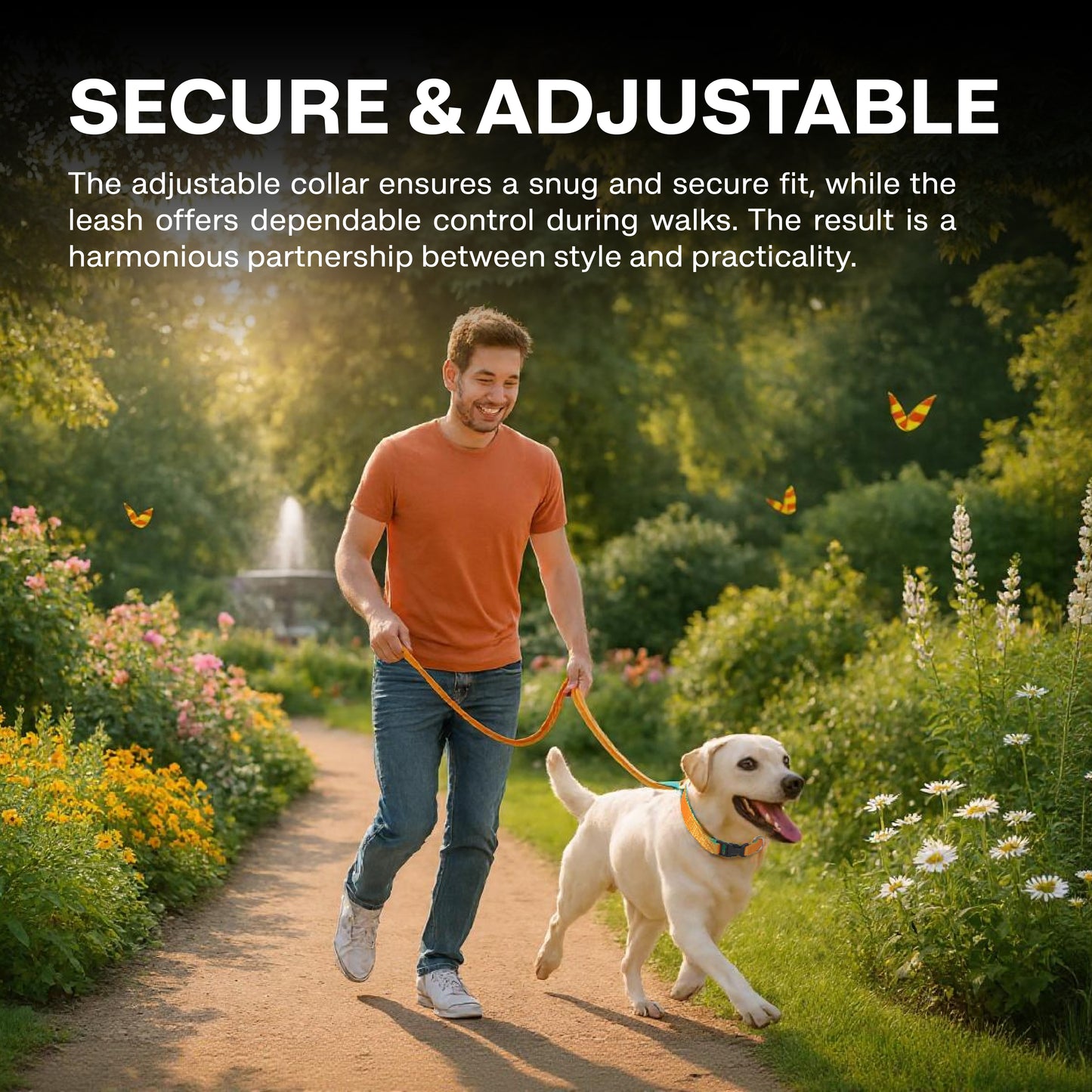 Man walking a dog on a leash in a park with text about the product's features.