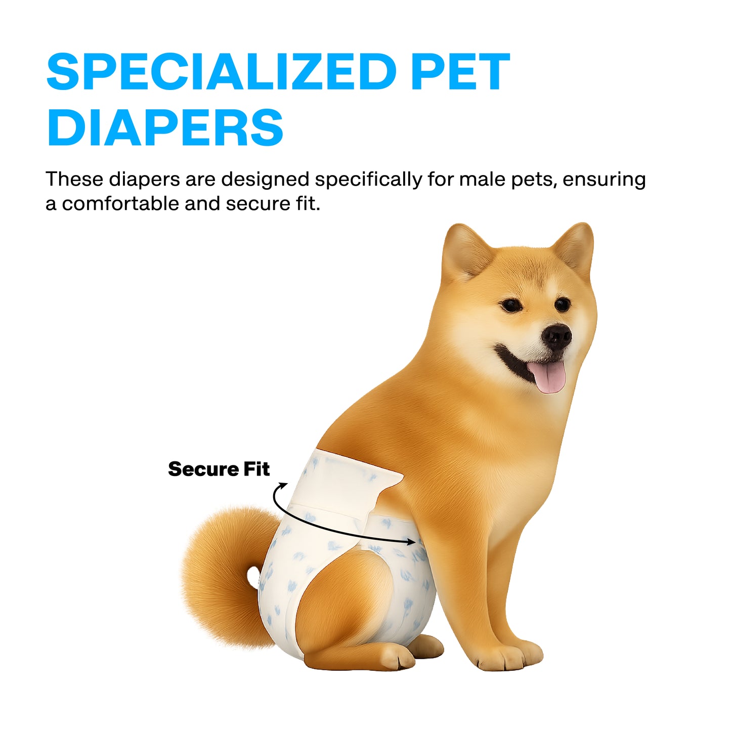 Dog wearing a specialized pet diaper with text about secure fit on a white background