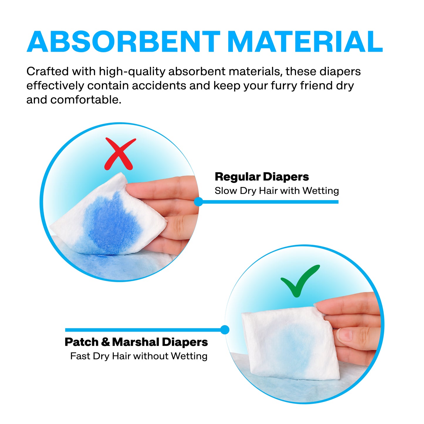 Absorbent material comparison between regular and Patch & Marshal diapers on a white background.