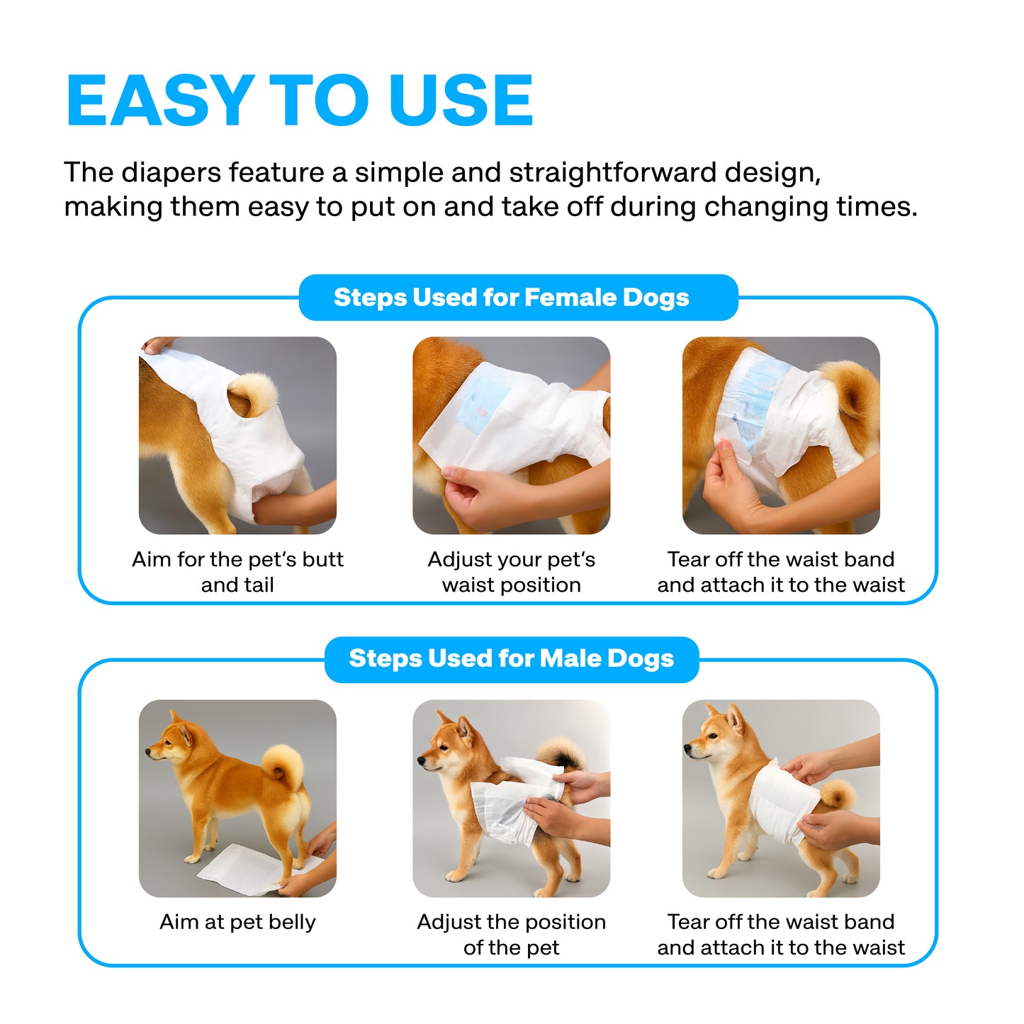 Instructions on how to put on dog diapers with step-by-step images for both female and male dogs.