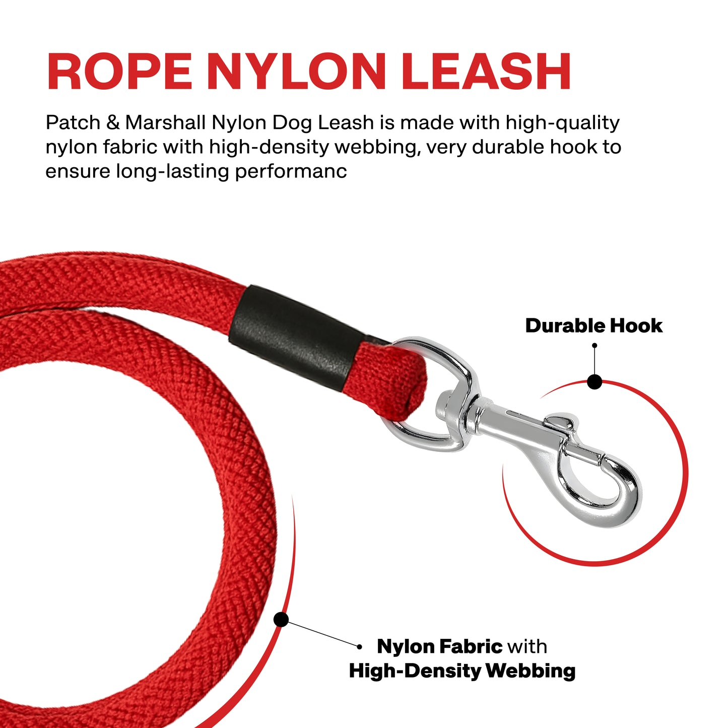 Red rope nylon leash with durable hook on a white background