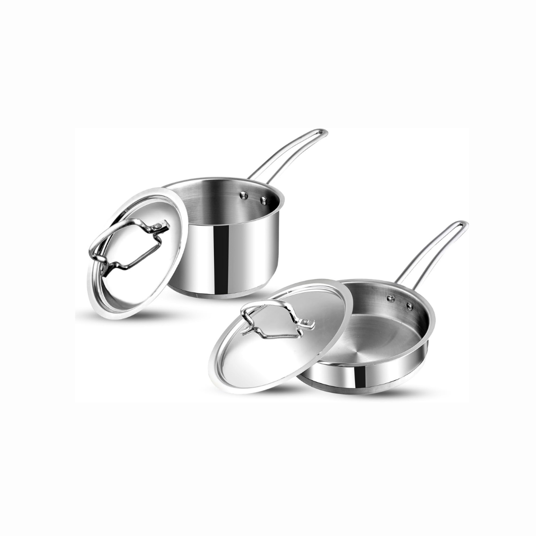 Vinod Classique Deluxe Stainless Steel Cookware Combo Set of 2 Pcs | Saucepan 71 oz |6 inches| Frypan 7.8 inches | Extra Deep, Riveted Handles | Induction Base | 2 Year Warranty