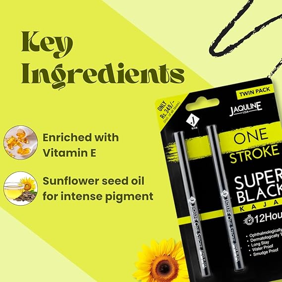 Jaquline USA OneStroke Super Black Kajal | Twin Pack (0.30g + 0.30g) | Intense Long-Lasting Eye Liner Pencil – Smudge-Proof and Waterproof