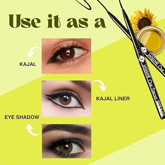 Jaquline USA OneStroke Super Black Kajal | Twin Pack (0.30g + 0.30g) | Intense Long-Lasting Eye Liner Pencil – Smudge-Proof and Waterproof