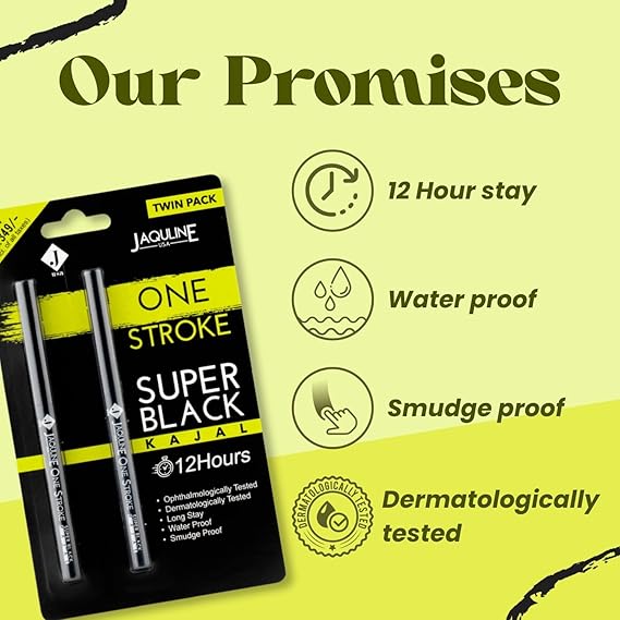 Jaquline USA OneStroke Super Black Kajal | Twin Pack (0.30g + 0.30g) | Intense Long-Lasting Eye Liner Pencil – Smudge-Proof and Waterproof