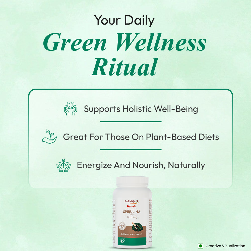 Patanjali Nutrela Spirulina 1800 mg | Natural Superfood Supplement for Energy, Immunity & Overall Wellbeing | 120 Tablets | Vegetarian | Unflavoured | For Adults