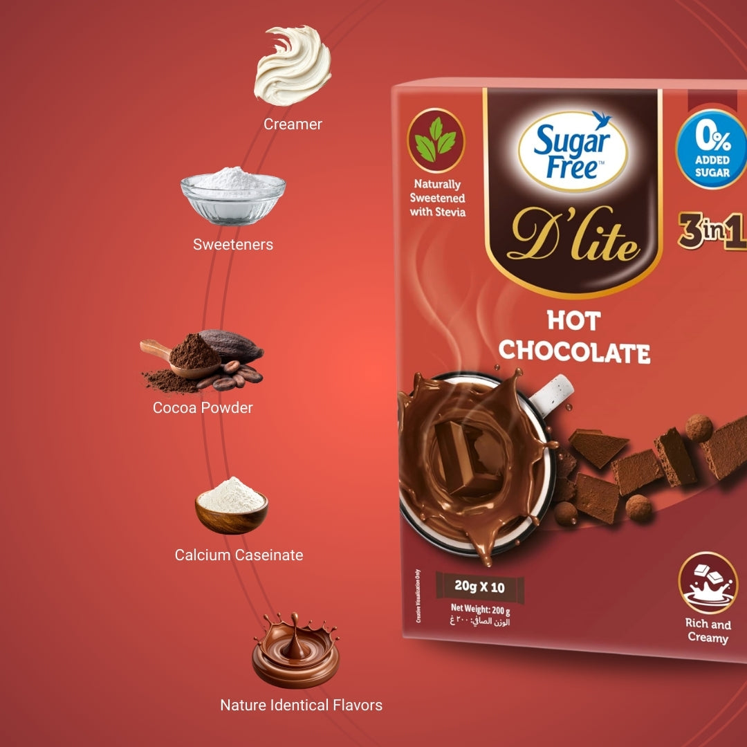 Sugar Free D’lite 3-in-1 Sugar Free Hot Cocoa Mix, Low Calorie Instant Chocolate Drink, Individually Wrapped Sachets, 20g x 10 Packs (Pack of 3, 600g)