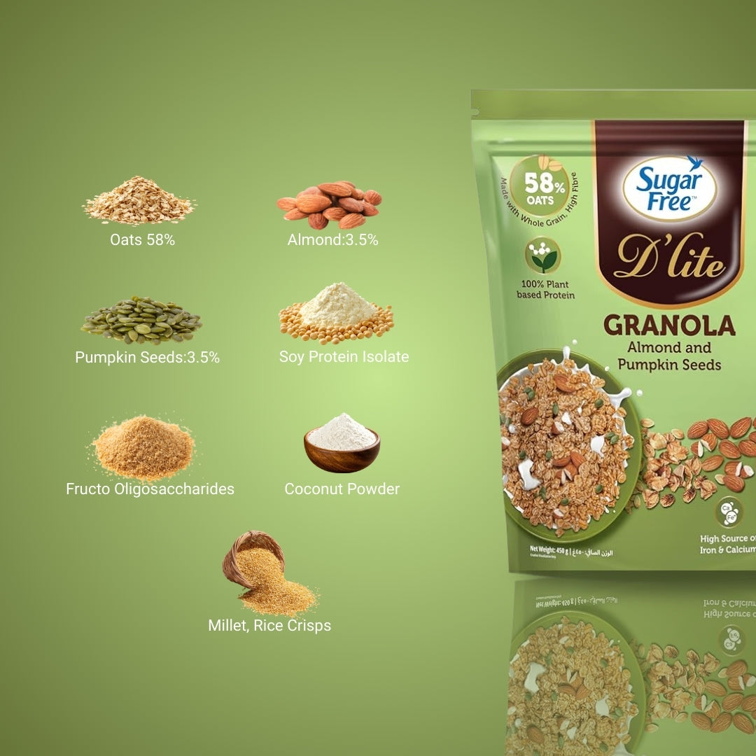 Sugar Free Almond Granola with Pumpkin Seeds, Crunchy Breakfast Cereal with Nuts & Seeds, No Added Sugar Granola Mix, High Fiber Snack, 450g (Pack of 2, 900g)